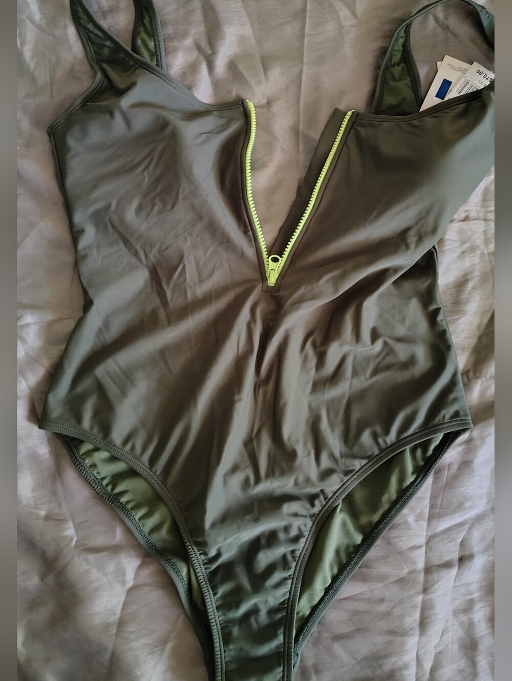 Army Green XL Zipper V neck Open Back High Waist One Piece Swim Bathing Suit